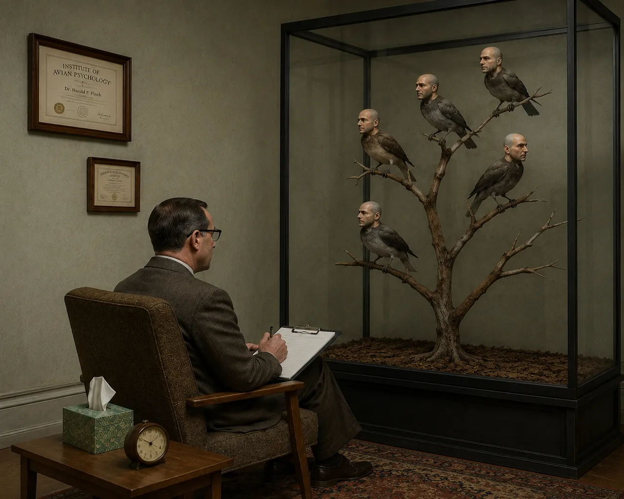 Six birds, human heads, one clipboard, two diplomas, tissue box.