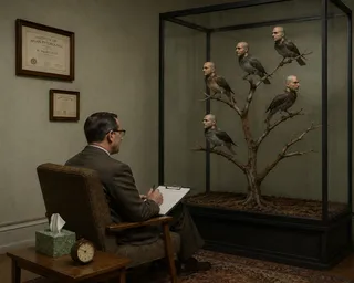 Six birds, human heads, one clipboard, two diplomas, tissue box.