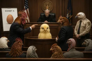 Judge, gavel absent, seal, egg on easel, chick, gallery of poultry heads.