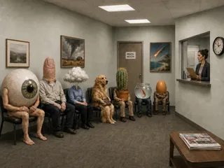 Surreal figures with object heads wait in mental health office.