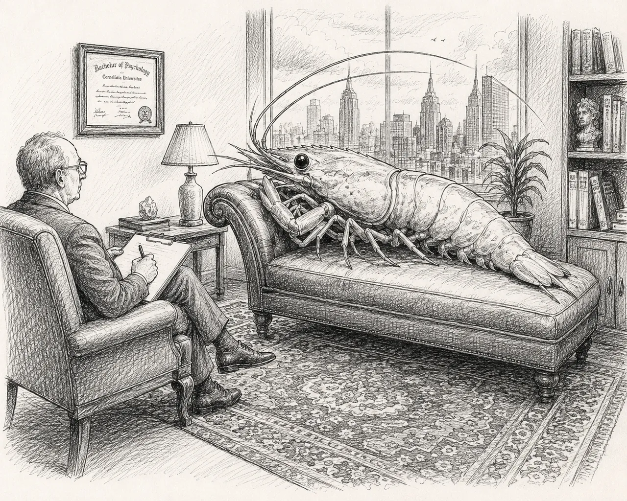 Diploma, lamp, rug, couch, crustacean, notepad, skyline, bust.