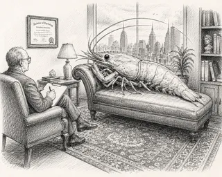 Diploma, lamp, rug, couch, crustacean, notepad, skyline, bust.