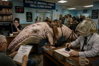 Saddle, clipboard, stamp, fish head, clerk, queue, binders.