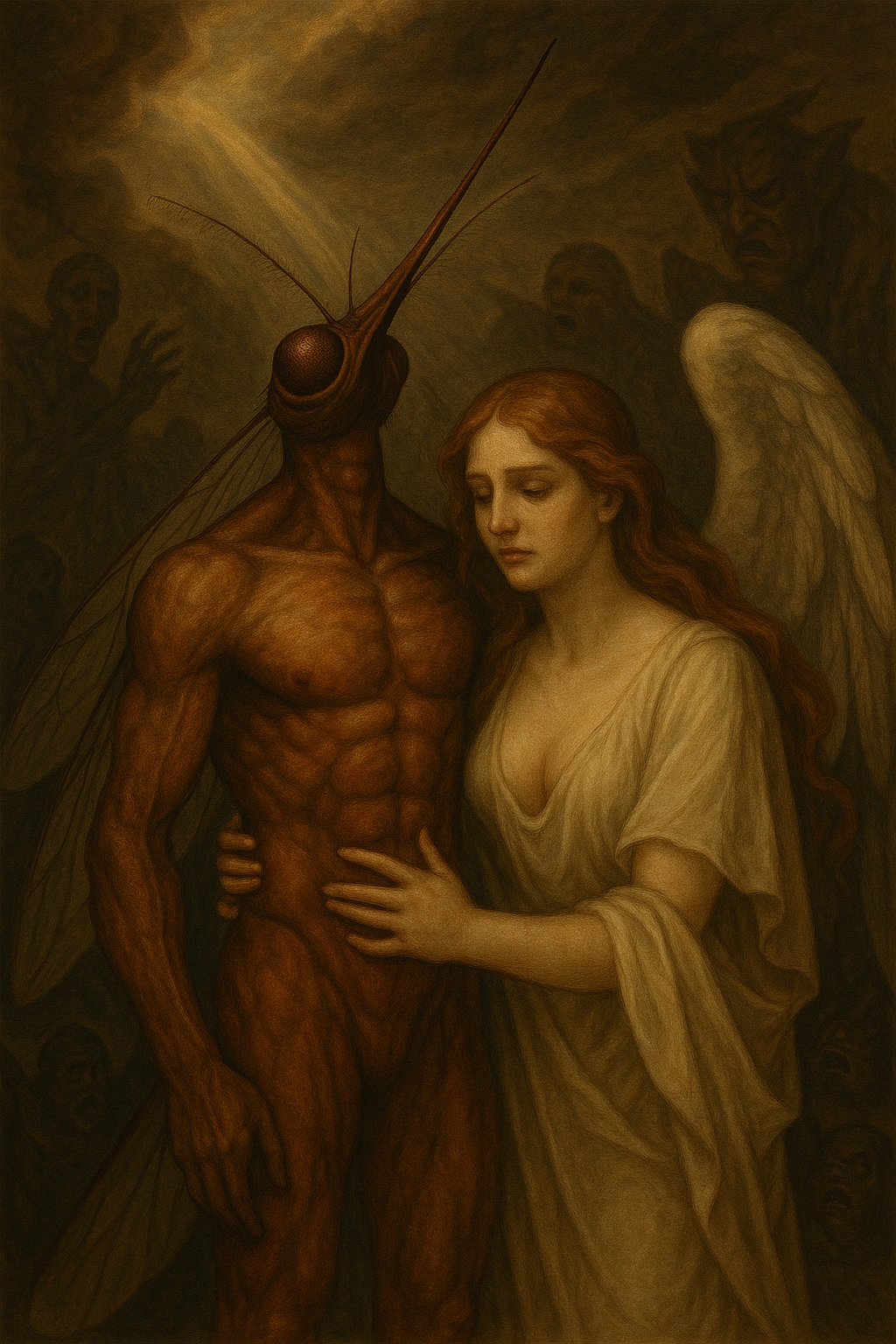 An angel in white stands beside a winged insect creature.