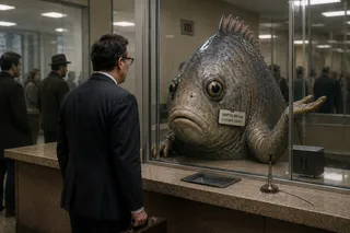 A giant fish works customer service at a bank counter.