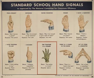 Ten hand diagrams, one reptile claw, mounting grommets, red border.
