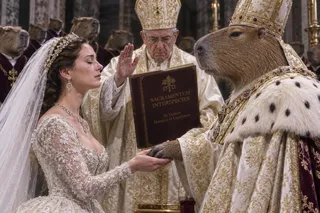 Veil, crown, book titled Sacramentum Interspecies, six capybaras, one tear.