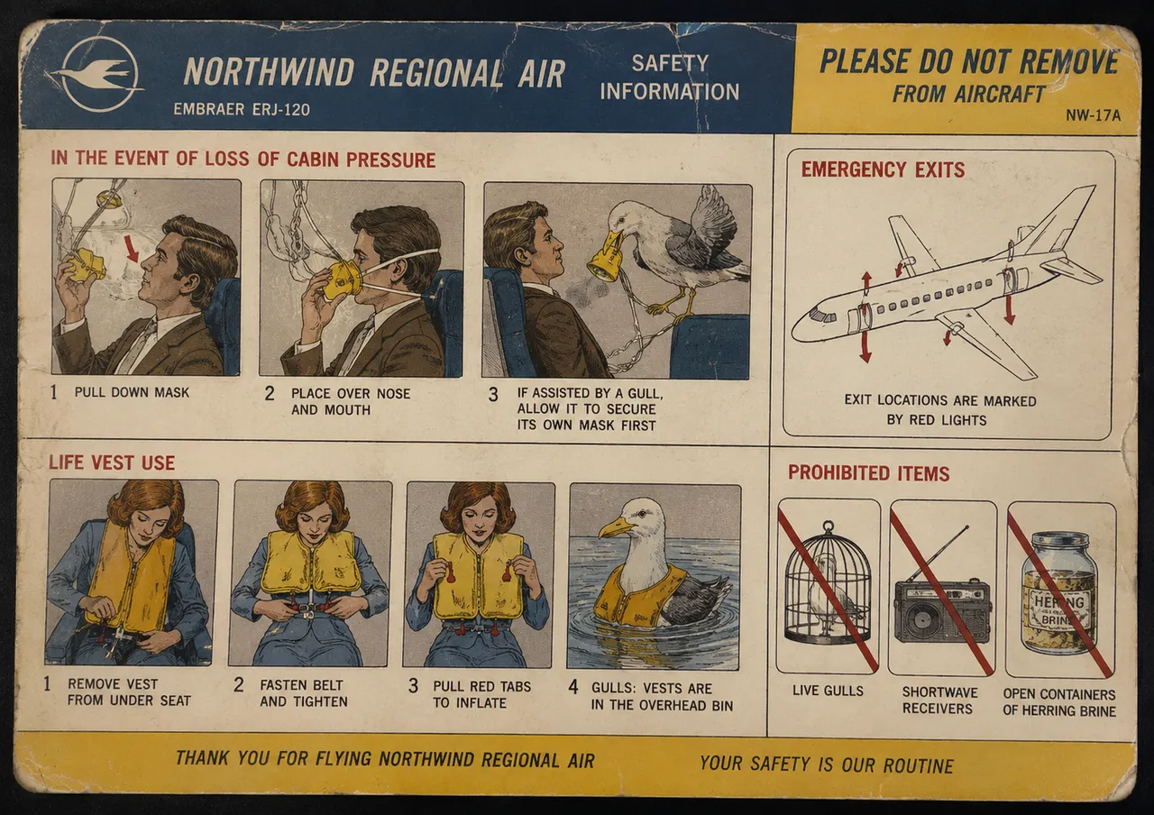 Yellow card, creases, gull, oxygen mask, herring brine, cage, radio, red arrows, woman, life vest, man, blue seat.