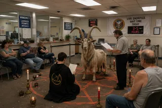 Pentagram, candles, goat, clipboard, fluorescent tiles, chairs.