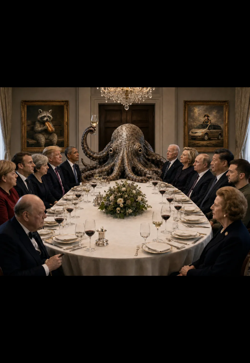Octopus, wineglass, chandelier, portraits, flowers, fourteen figures, raccoon, minivan, Napoleon, place settings, red wine, white wine, silver cruet.