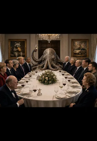 Octopus, wineglass, chandelier, portraits, flowers, fourteen figures, raccoon, minivan, Napoleon, place settings, red wine, white wine, silver cruet.