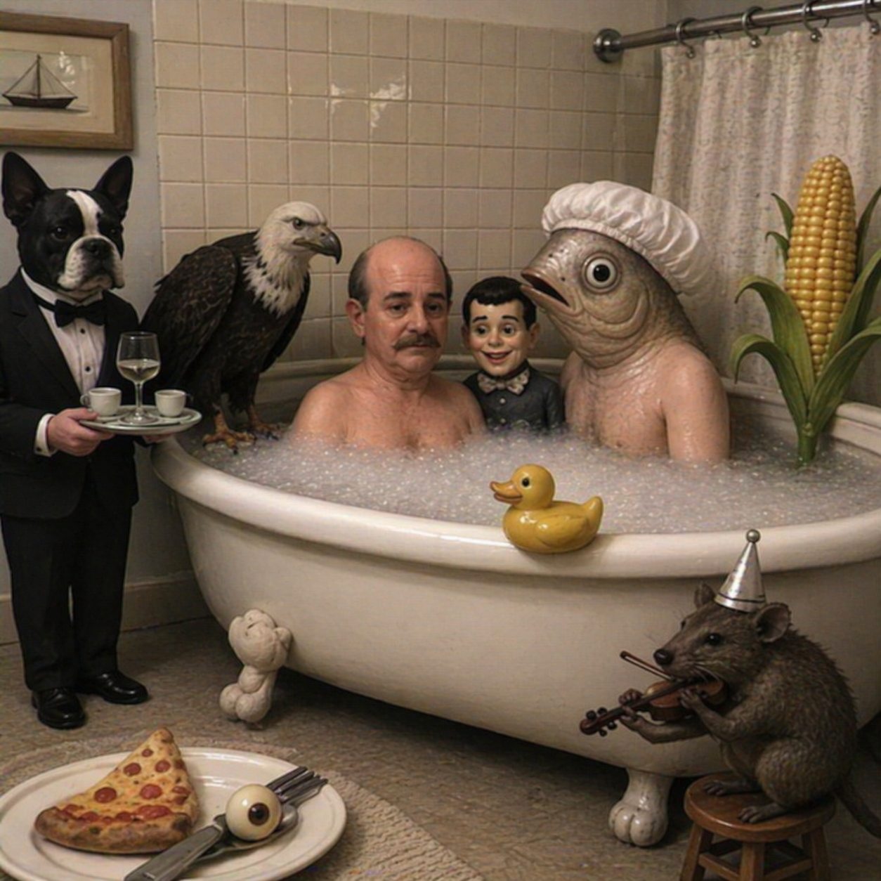 Man in bubble bath surrounded by surreal animal characters.