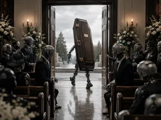 Pews, robots, coffin, legs, doors, flowers, candles, tile.