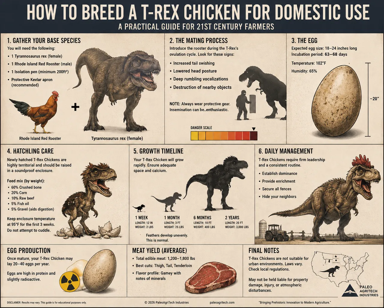 Rooster, tyrannosaur, egg diagram, danger scale, tractor, silo.