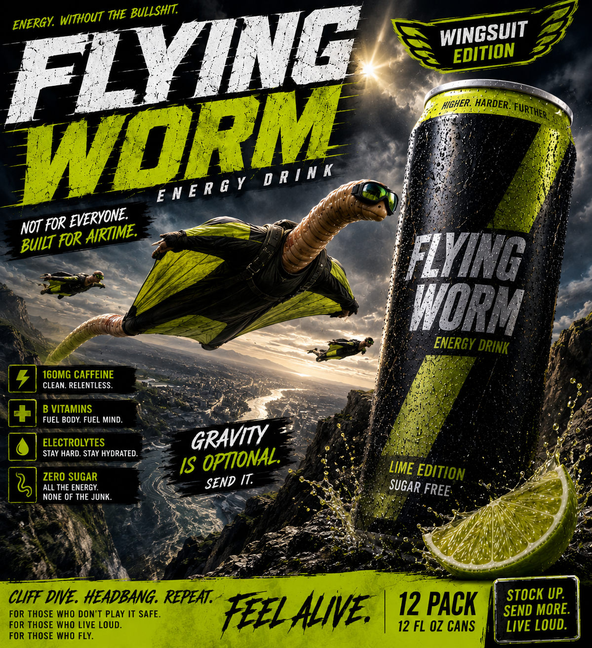Flying Worm energy drink ad featuring worm in wingsuit.