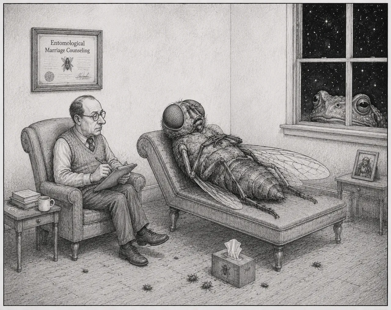 A therapist takes notes while a giant fly reclines.