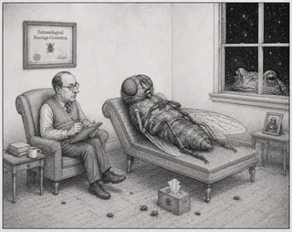 A therapist takes notes while a giant fly reclines.