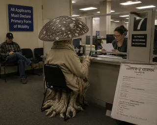 Clipboard, roots, cap, chair, clerk, fluorescent panels, man.