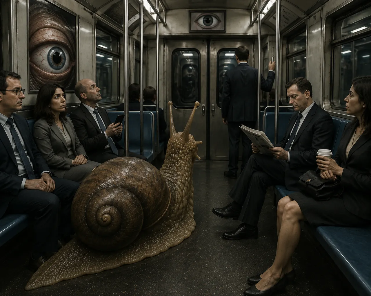 Six passengers, one mollusk, two eye murals, newspaper, cup.