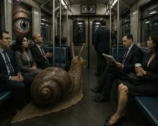 Six passengers, one mollusk, two eye murals, newspaper, cup.