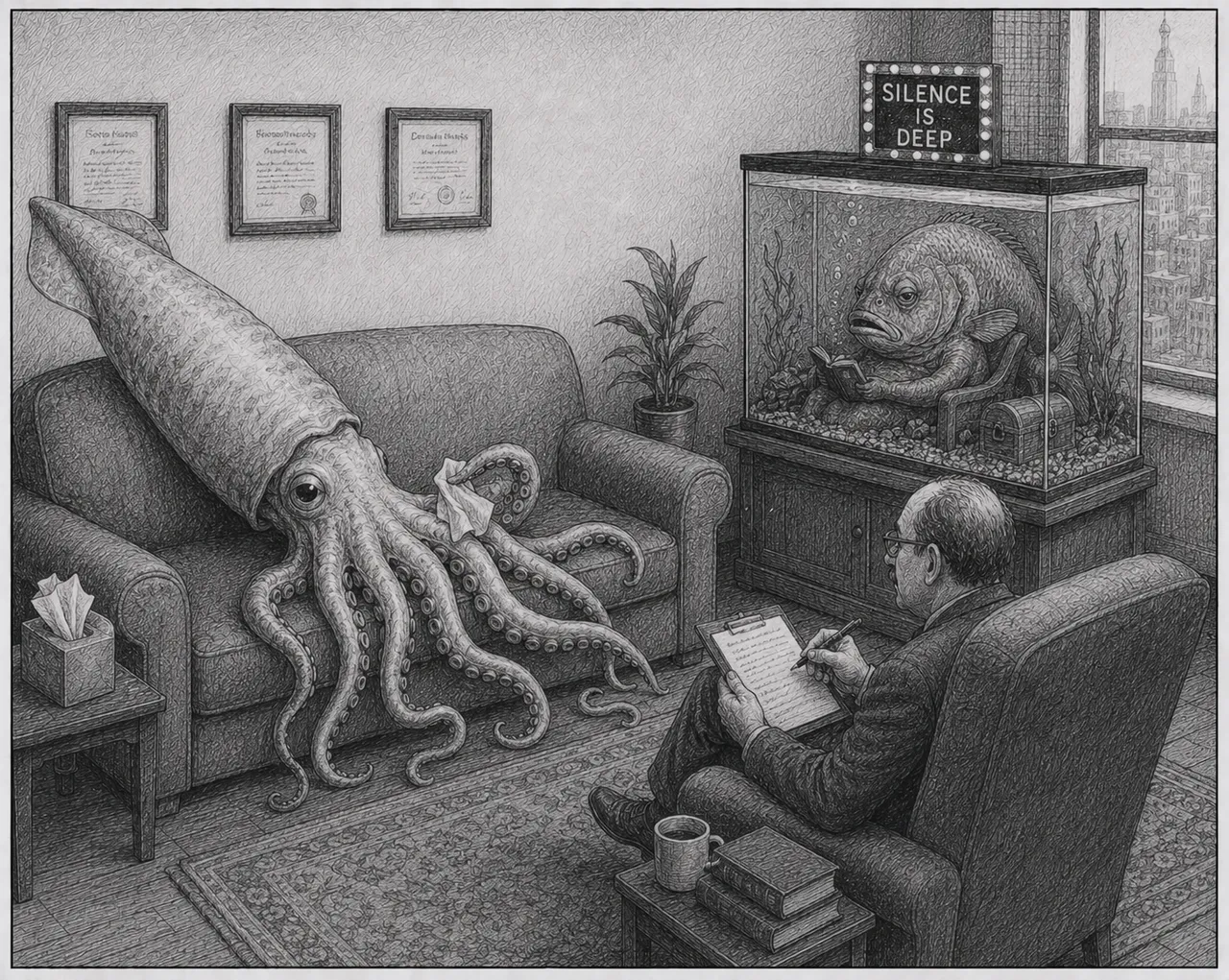 Even the fish therapist looks tired of this session.