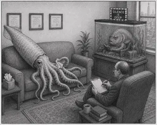 A giant squid lies on a therapist's couch, emotional.