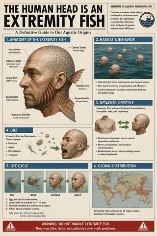 Gill slits, world map, egg, warning text, fins, plankton.