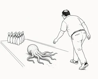 Ten pins, one cephalopod, lane, belt, sneakers, glasses.