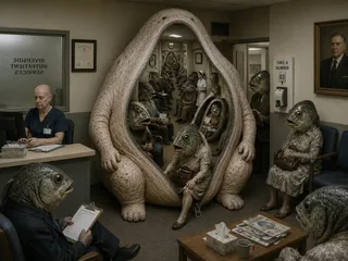 Zipper, fish heads, clipboard, tissue box, number dispenser, portrait, nurse, desk, carpet, chairs, hallway, clock, magazines, handbag.