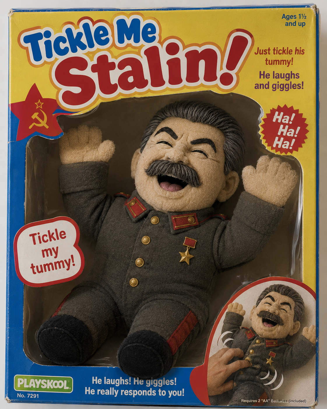 Laughter dressed in medals, history made plush.