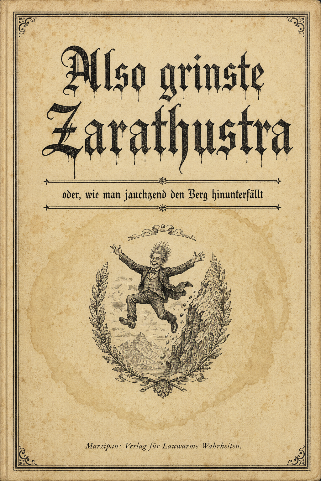 Aged book cover, German text, grinning falling man illustration.