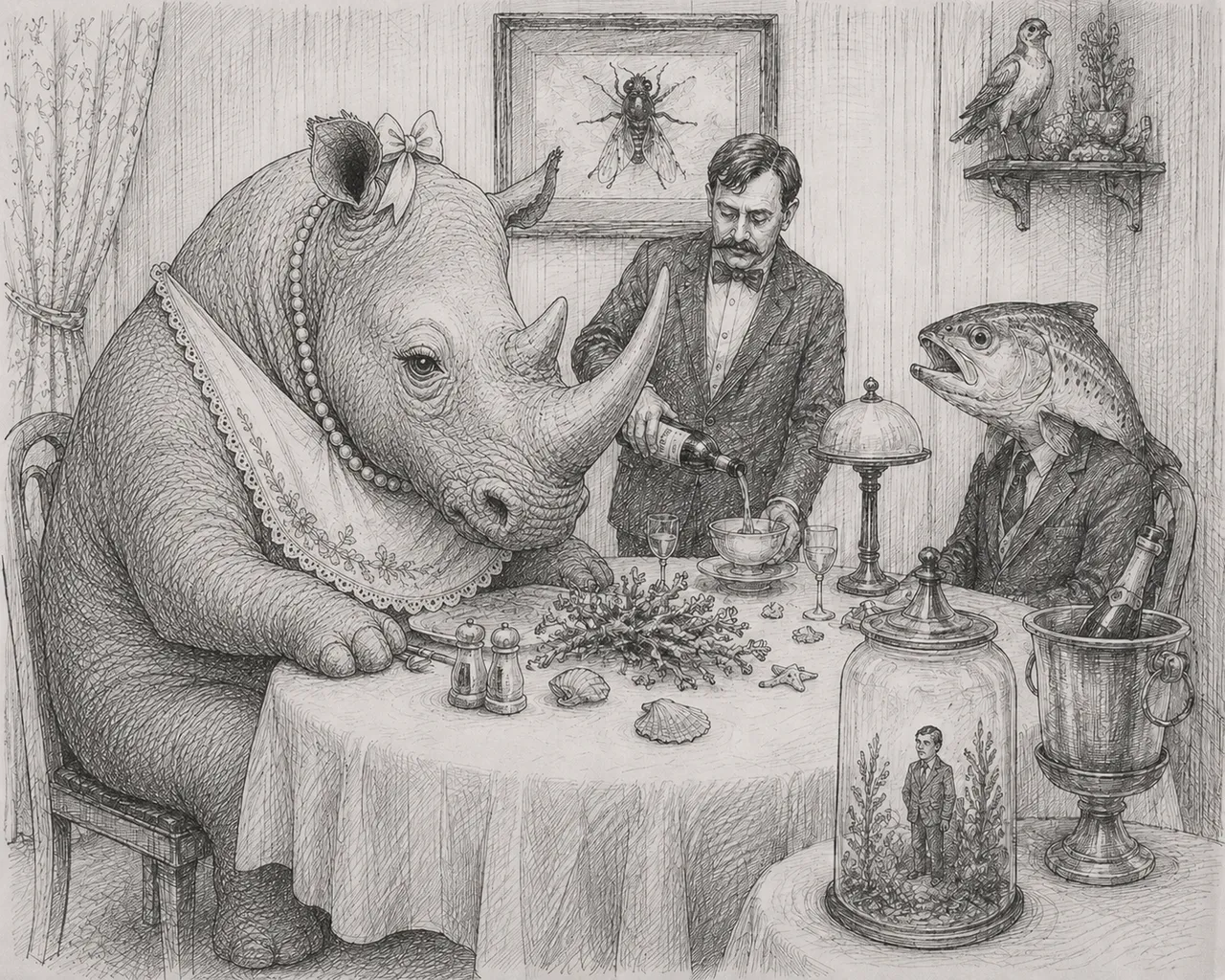 Strange creatures share a table, the world holds its breath.