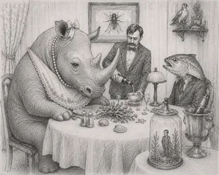 Rhino and fish dine while waiter pours wine.