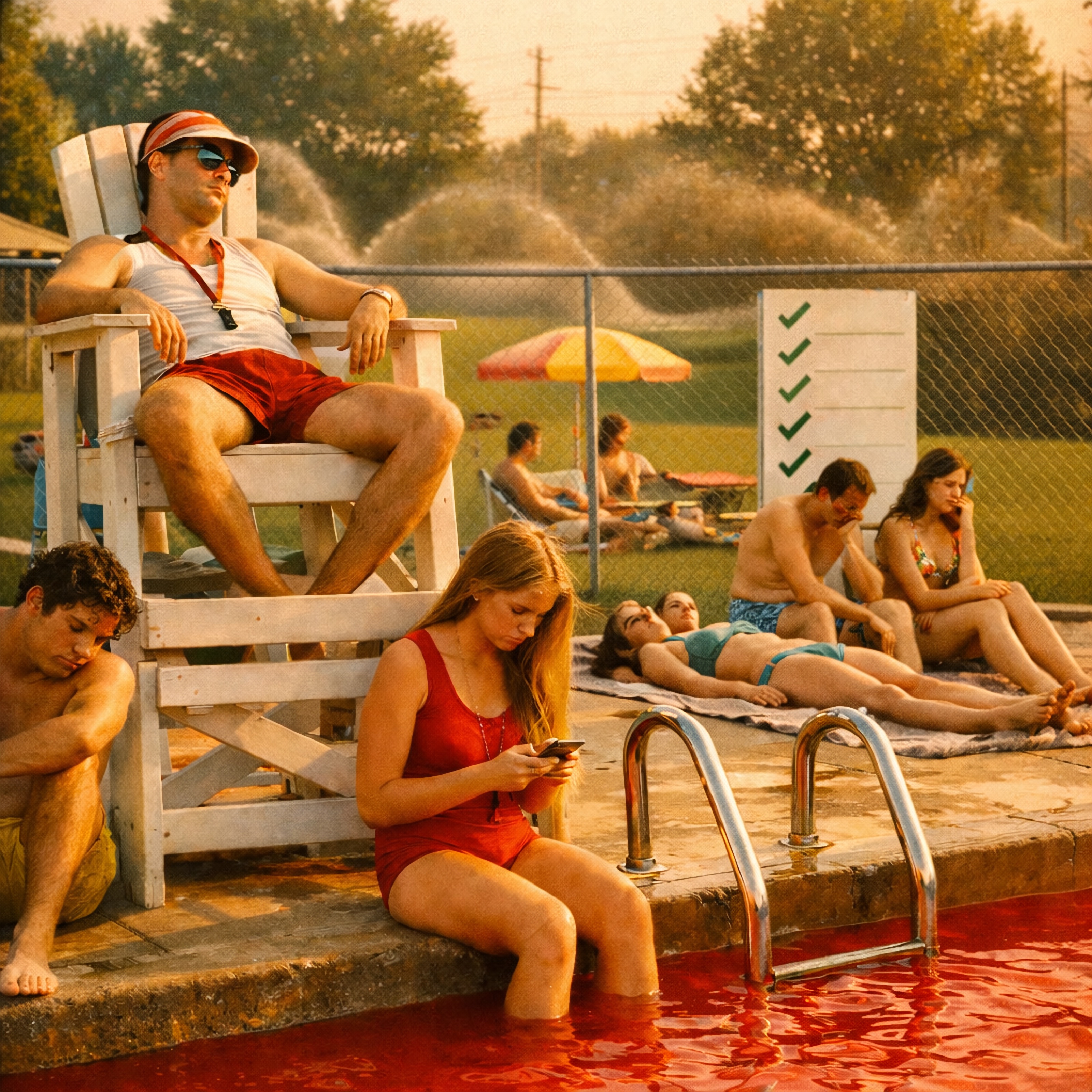 Lifeguard on chair watches poolside crowd near red water.