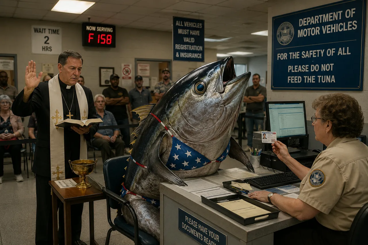 Priest, raised hand, open book, gold chalice, tuna, license, monitor, tray.