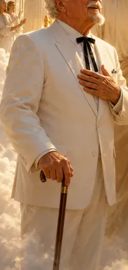 white-suit-cane-glasses-bow-tie-gold-gates-plaque-staircase