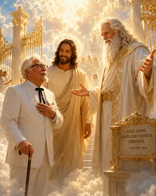 White suit, cane, glasses, bow tie, gold gates, plaque, staircase.