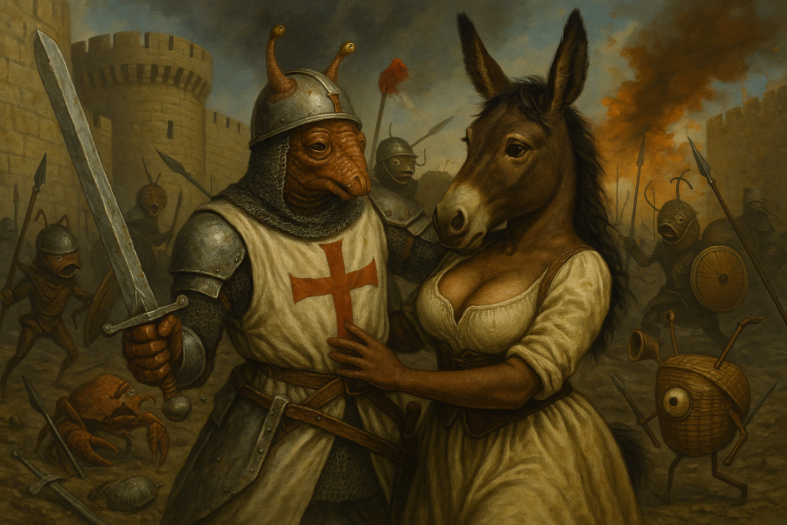 Lizard knight clutches steel, donkey maiden holds his heart.