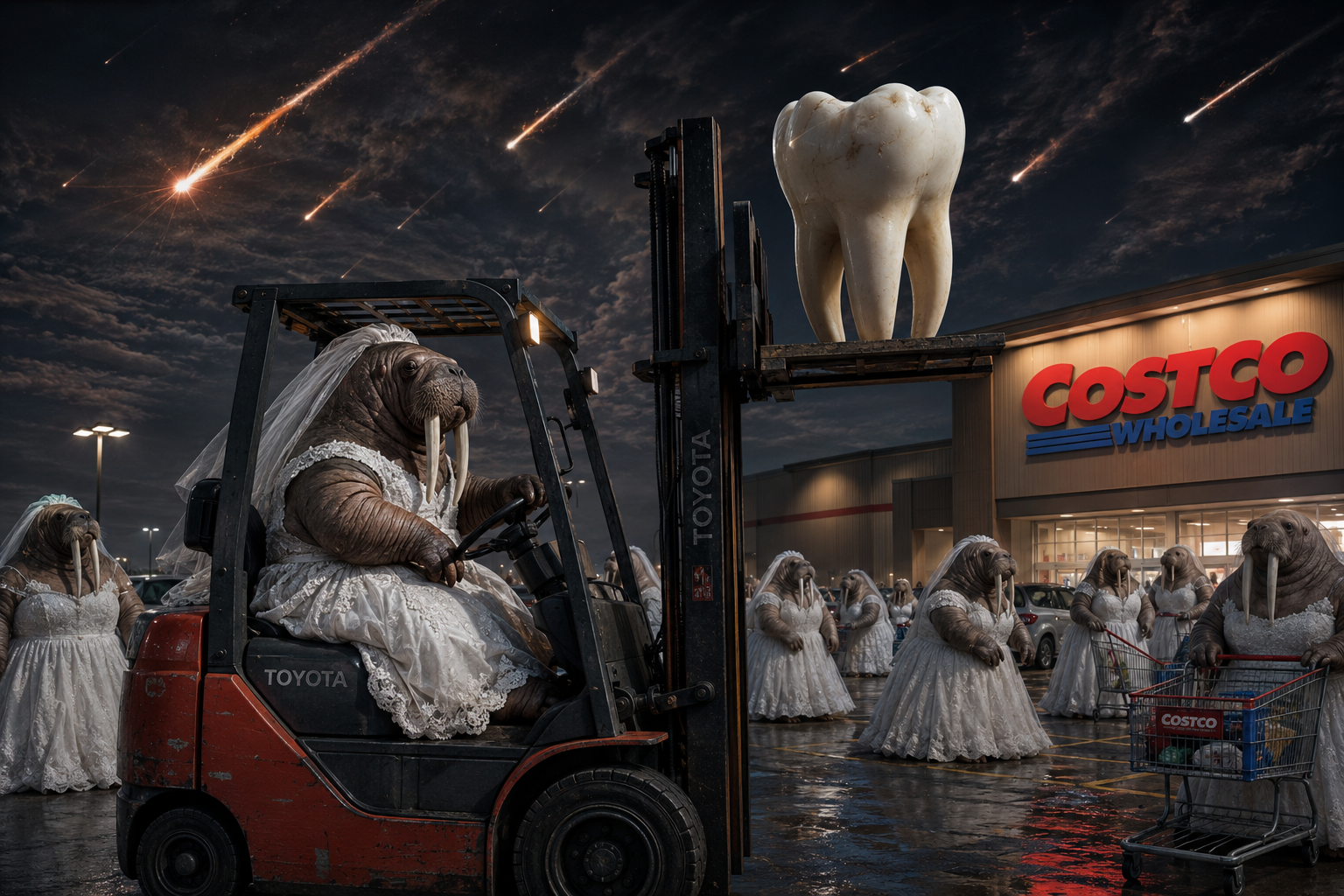 Walruses in wedding gowns outside Costco, giant tooth on forklift.