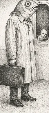 two-briefcases-newspaper-fish-head-pole-sun-face-infants-outside