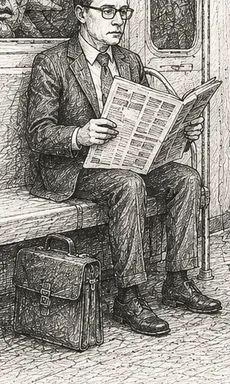 two-briefcases-newspaper-fish-head-pole-sun-face-infants-outside