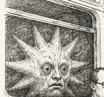 two-briefcases-newspaper-fish-head-pole-sun-face-infants-outside