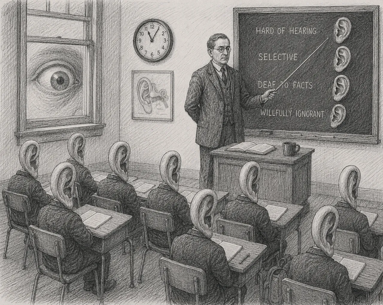 Teacher points to blackboard listing hearing types, students have ear heads.
