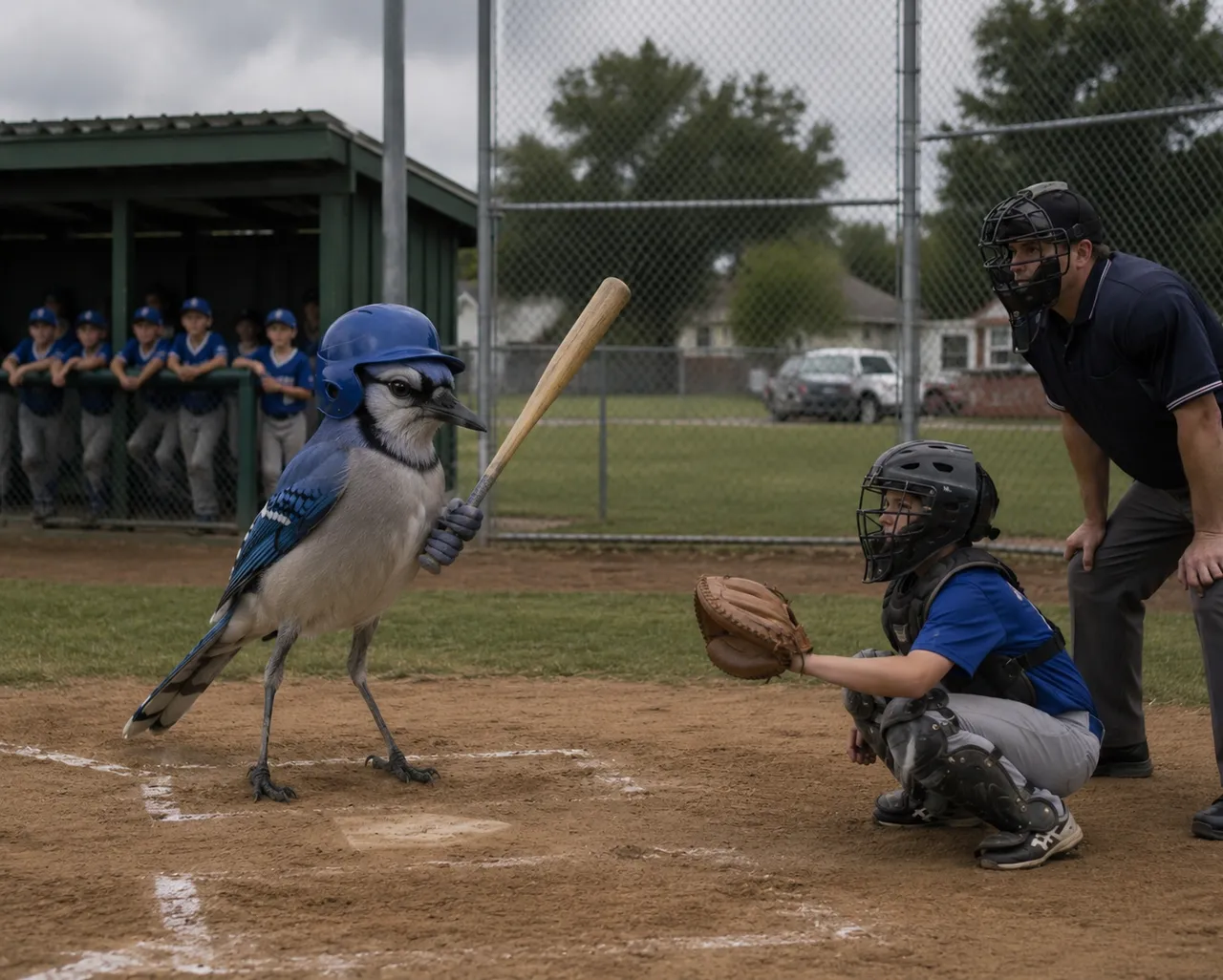 A blue jay holding a bat stands at home plate.