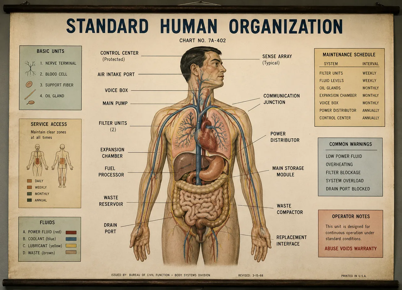 Poster, wood rod, man, organs, text, cord.