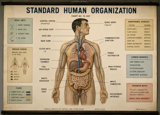 Poster, wood rod, man, organs, text, cord.
