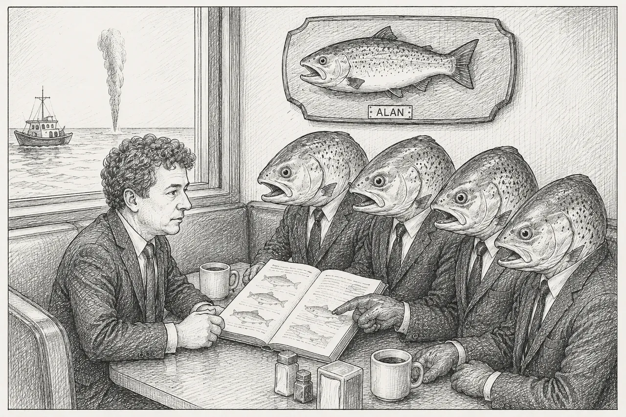 Man, four fish suits, plaque, mug, book, boat, smoke.