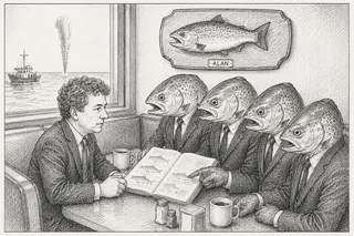 Man, four fish suits, plaque, mug, book, boat, smoke.