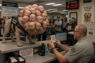 Counter, badge, hand sanitizer, card, monitor, queue, harness, claws, ceiling tiles.