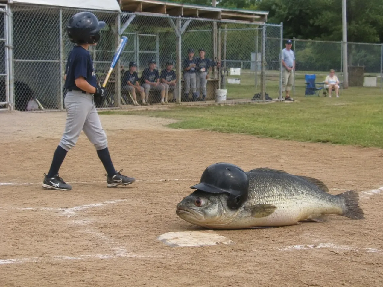 Helmet, bass, dirt, batter, dugout, fence, adults, bat.
